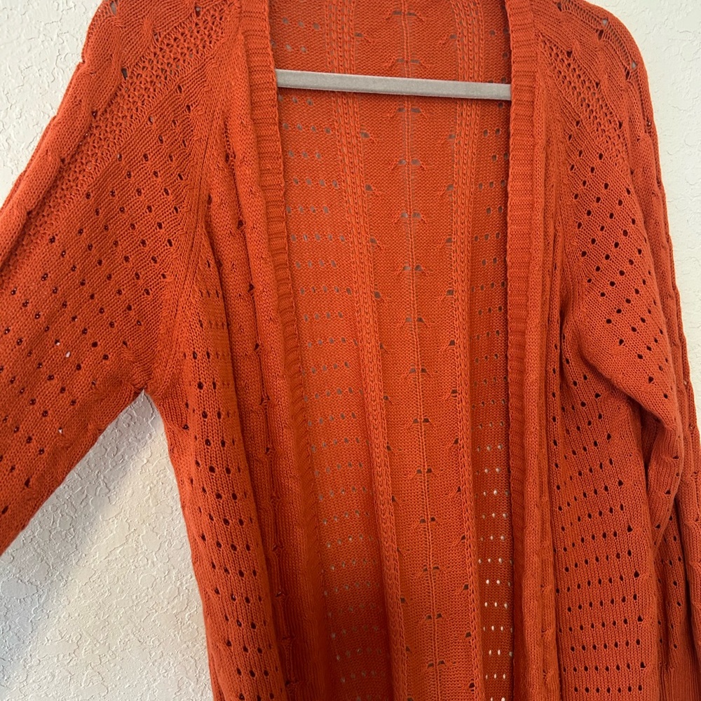 Boho Burnt Orange Fringe Cardigan , Open Knit Festival Sweater Size S - Picture 3 of 6